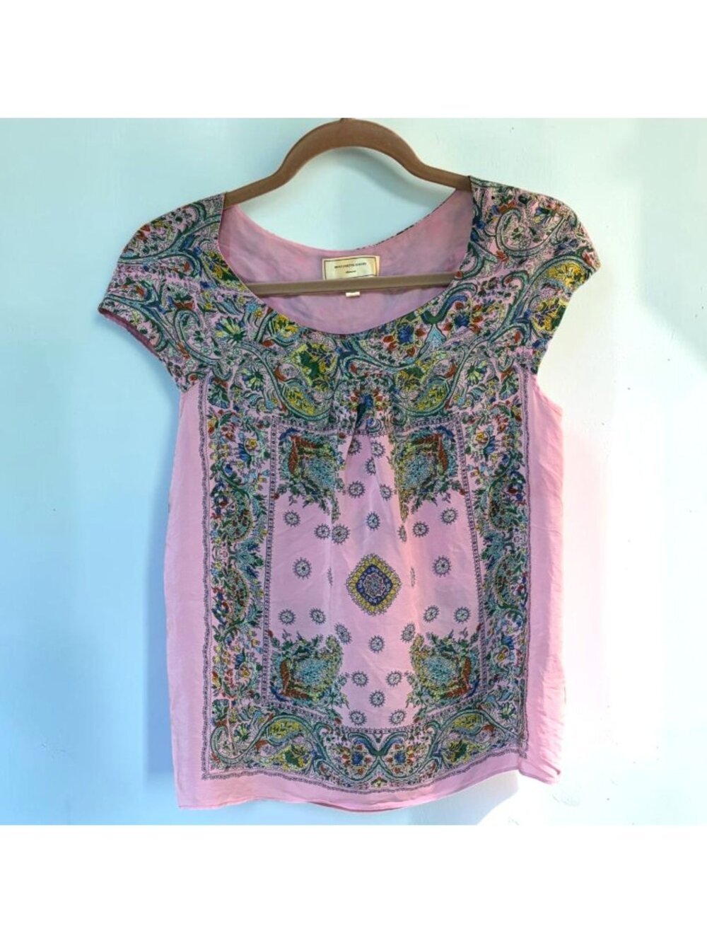 Moulinette Soeurs XS Pink Paisley Silk Blouse Cap Sleeve Anthropologie Boho Top